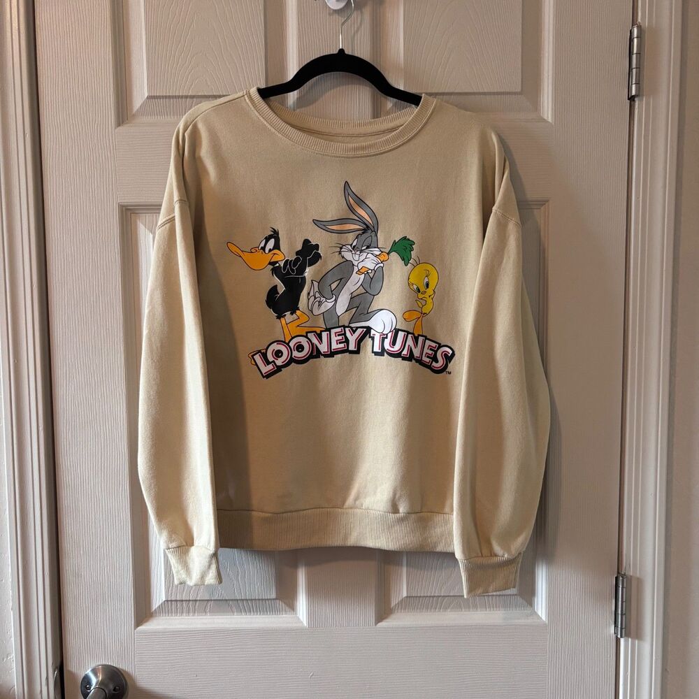 Looney Tunes Graphic Sweatshirt Tan Beige Bugs Bunny Daffy Duck Small
